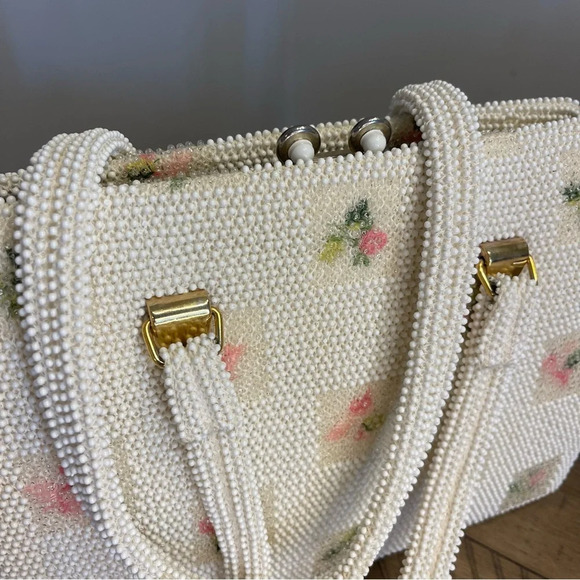 Vintage 1950’s Lumured Floral beaded handbag with Mirror Clutch shoulder purse - Picture 3 of 16